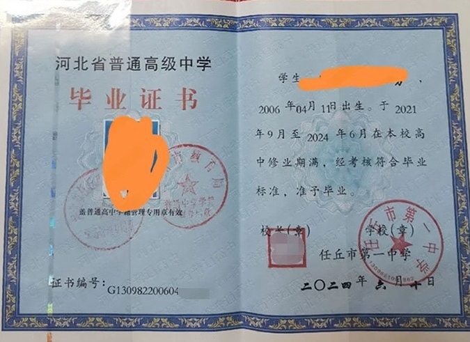 赣州任丘市第一中学高中毕业证样本图片